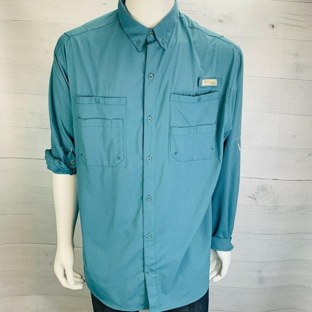 Columbia PFG Long Sleeve Shirt Blue Green XL